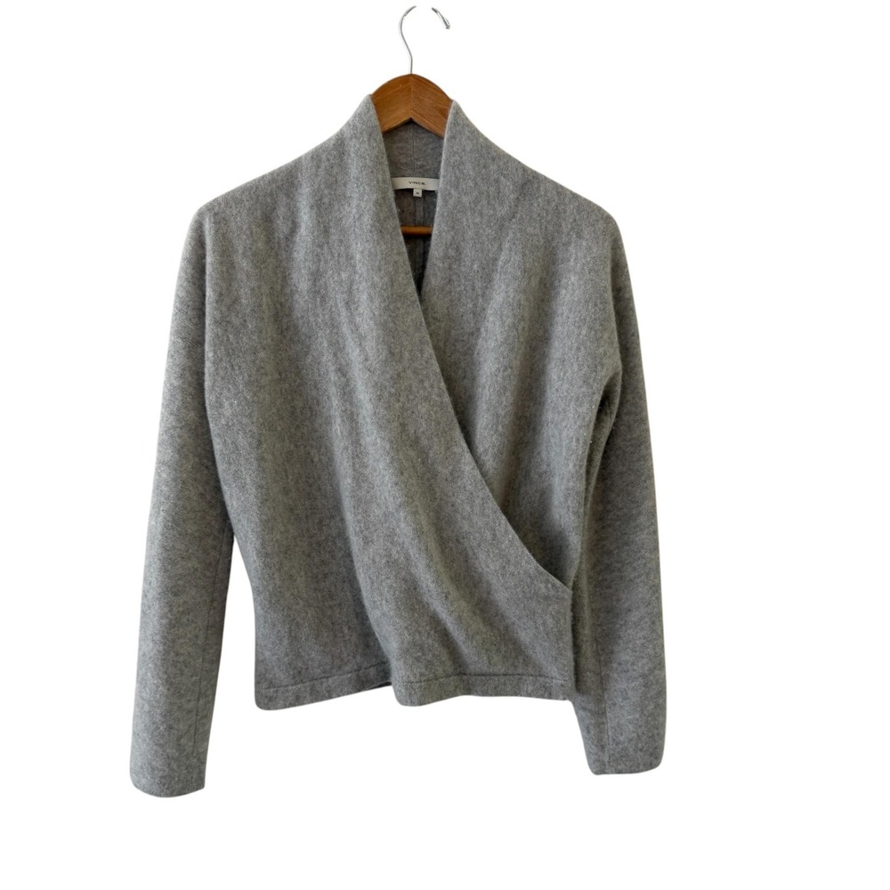 Vince 100% Cashmere Wrap Sweater Womens XS Gray V Neck Quiet Luxury Knit